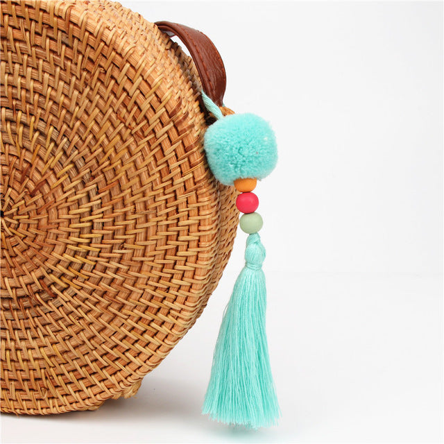 1pc Pompom Keychains With Tassel Wooden Beads Charms Keyring Boho Jewelry For Women