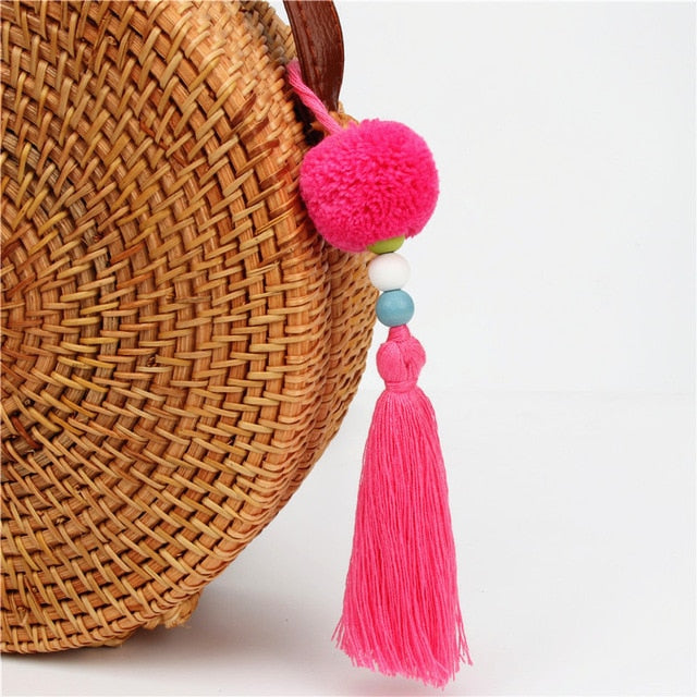 1pc Pompom Keychains With Tassel Wooden Beads Charms Keyring Boho Jewelry For Women