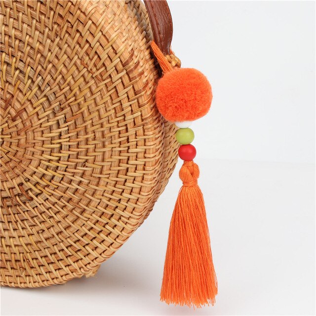 1pc Pompom Keychains With Tassel Wooden Beads Charms Keyring Boho Jewelry For Women