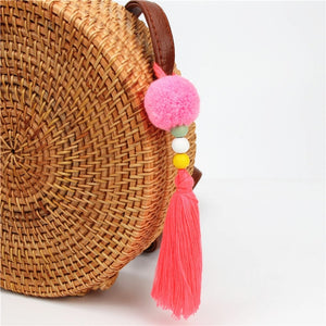 1pc Pompom Keychains With Tassel Wooden Beads Charms Keyring Boho Jewelry For Women