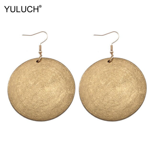 YULUCH 2019 Wood Chip Big Gold Silver Round Pendant Fashion Drop Earrings Boho Female Earrings For Woman Jewelry