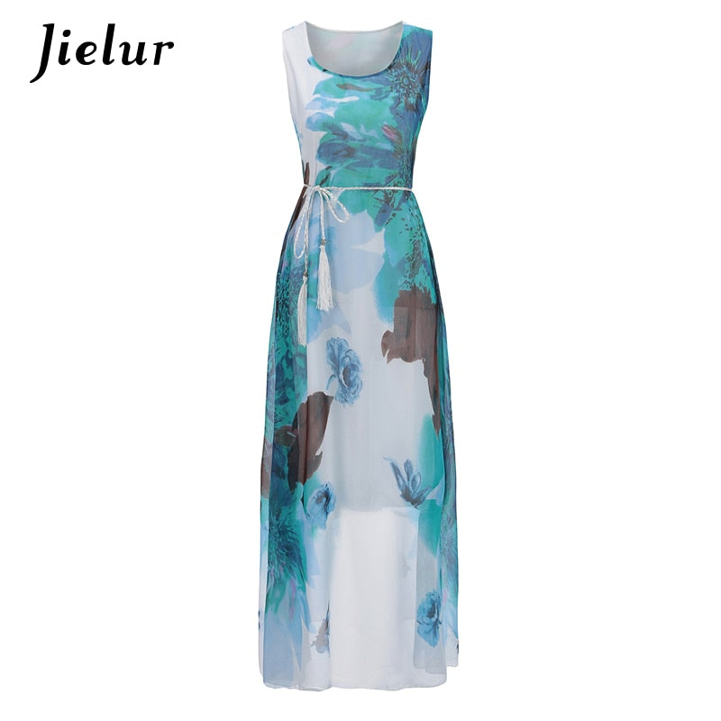 Jielur Vintage Belt Print Women Summer Dresses Sleeveless Boho Long Dress Female S-XL Elegant Chiffon Sundress