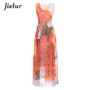 Jielur Vintage Belt Print Women Summer Dresses Sleeveless Boho Long Dress Female S-XL Elegant Chiffon Sundress