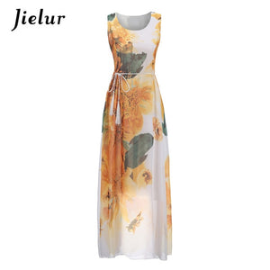 Jielur Vintage Belt Print Women Summer Dresses Sleeveless Boho Long Dress Female S-XL Elegant Chiffon Sundress