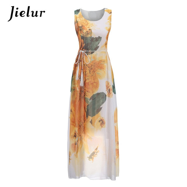 Jielur Vintage Belt Print Women Summer Dresses Sleeveless Boho Long Dress Female S-XL Elegant Chiffon Sundress