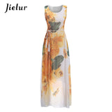 Jielur Vintage Belt Print Women Summer Dresses Sleeveless Boho Long Dress Female S-XL Elegant Chiffon Sundress