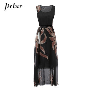 Jielur Vintage Belt Print Women Summer Dresses Sleeveless Boho Long Dress Female S-XL Elegant Chiffon Sundress