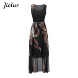 Jielur Vintage Belt Print Women Summer Dresses Sleeveless Boho Long Dress Female S-XL Elegant Chiffon Sundress