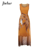 Jielur Vintage Belt Print Women Summer Dresses Sleeveless Boho Long Dress Female S-XL Elegant Chiffon Sundress