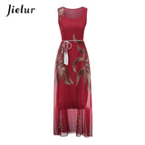 Jielur Vintage Belt Print Women Summer Dresses Sleeveless Boho Long Dress Female S-XL Elegant Chiffon Sundress