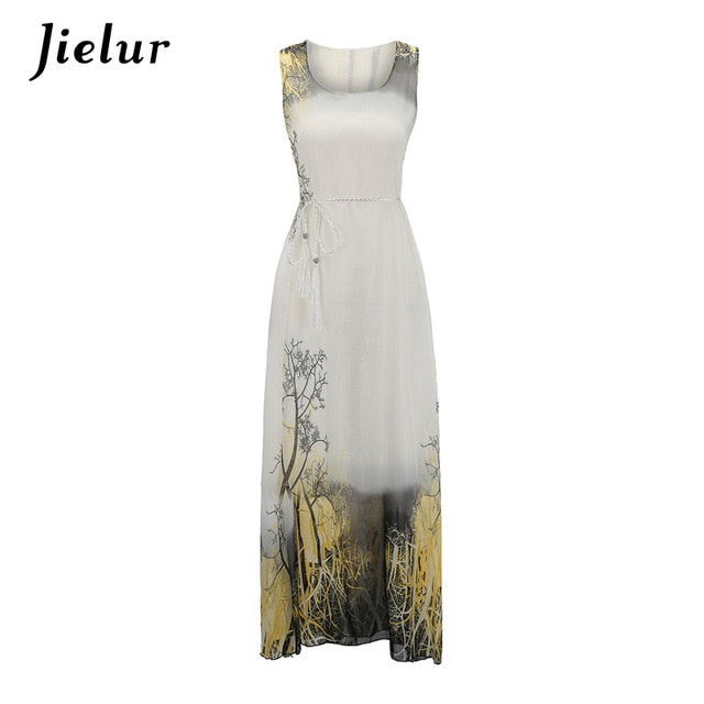 Jielur Vintage Belt Print Women Summer Dresses Sleeveless Boho Long Dress Female S-XL Elegant Chiffon Sundress