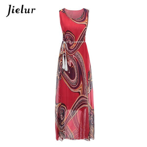 Jielur Vintage Belt Print Women Summer Dresses Sleeveless Boho Long Dress Female S-XL Elegant Chiffon Sundress