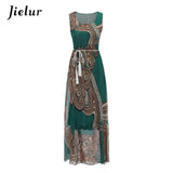 Jielur Vintage Belt Print Women Summer Dresses Sleeveless Boho Long Dress Female S-XL Elegant Chiffon Sundress