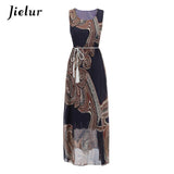 Jielur Vintage Belt Print Women Summer Dresses Sleeveless Boho Long Dress Female S-XL Elegant Chiffon Sundress