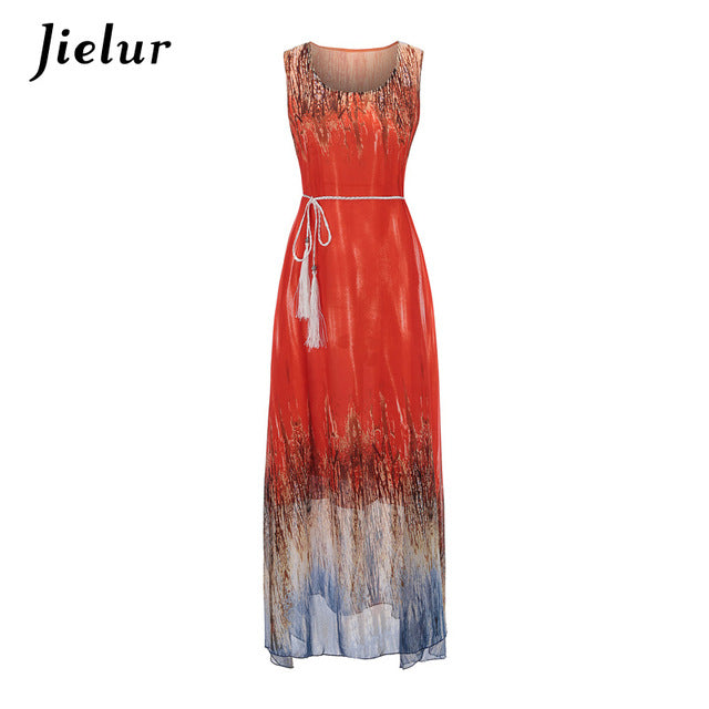 Jielur Vintage Belt Print Women Summer Dresses Sleeveless Boho Long Dress Female S-XL Elegant Chiffon Sundress