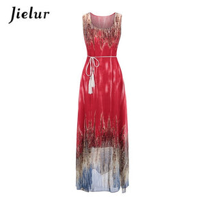 Jielur Vintage Belt Print Women Summer Dresses Sleeveless Boho Long Dress Female S-XL Elegant Chiffon Sundress