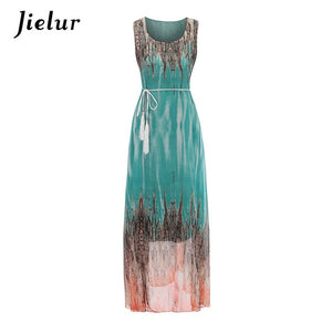 Jielur Vintage Belt Print Women Summer Dresses Sleeveless Boho Long Dress Female S-XL Elegant Chiffon Sundress