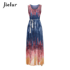 Jielur Vintage Belt Print Women Summer Dresses Sleeveless Boho Long Dress Female S-XL Elegant Chiffon Sundress