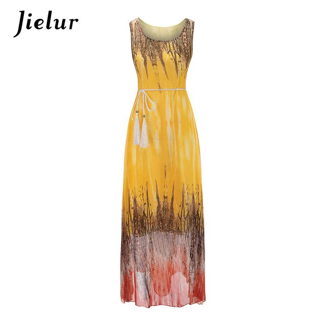 Jielur Vintage Belt Print Women Summer Dresses Sleeveless Boho Long Dress Female S-XL Elegant Chiffon Sundress