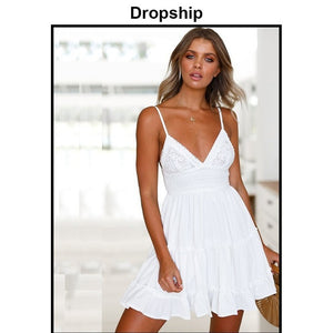 Dropship Dress Women Bodycon Sexy Dresses Summer Plus Size White Black Lace Mini Beach Vestidos Boho Back Bow Sling Patchwork