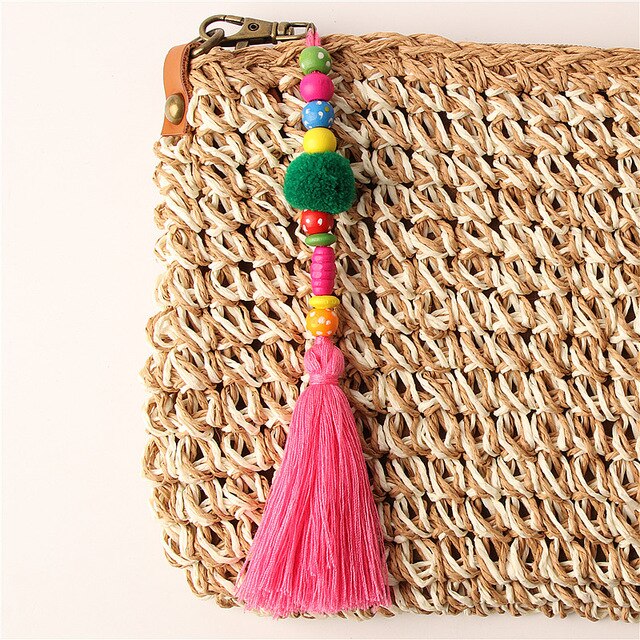 1Pc Pompom Keychain Handbag Charms For Summer Rainbow Beads Tassel Keyring Boho Jewelry for women Girls Bag