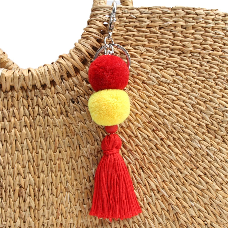 1pc Multicolor Pompom Key Chains With Tassel Keyring Bag Hanging Gift For Women Boho Style