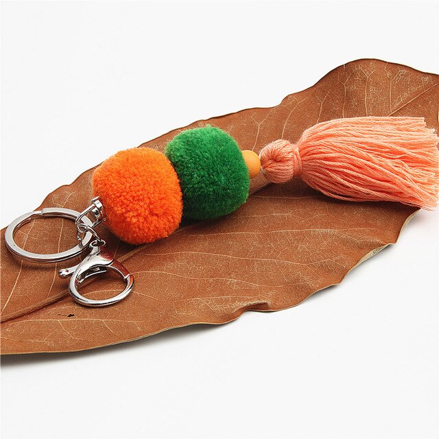 1pc Multicolor Pompom Key Chains With Tassel Keyring Bag Hanging Gift For Women Boho Style