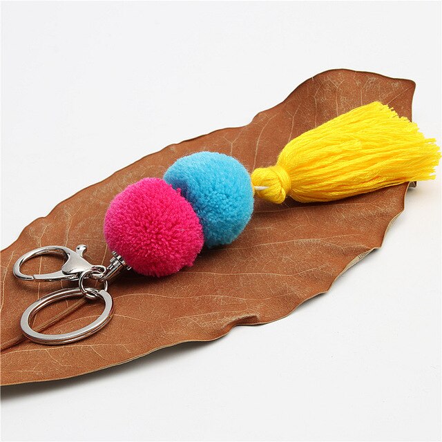 1pc Multicolor Pompom Key Chains With Tassel Keyring Bag Hanging Gift For Women Boho Style