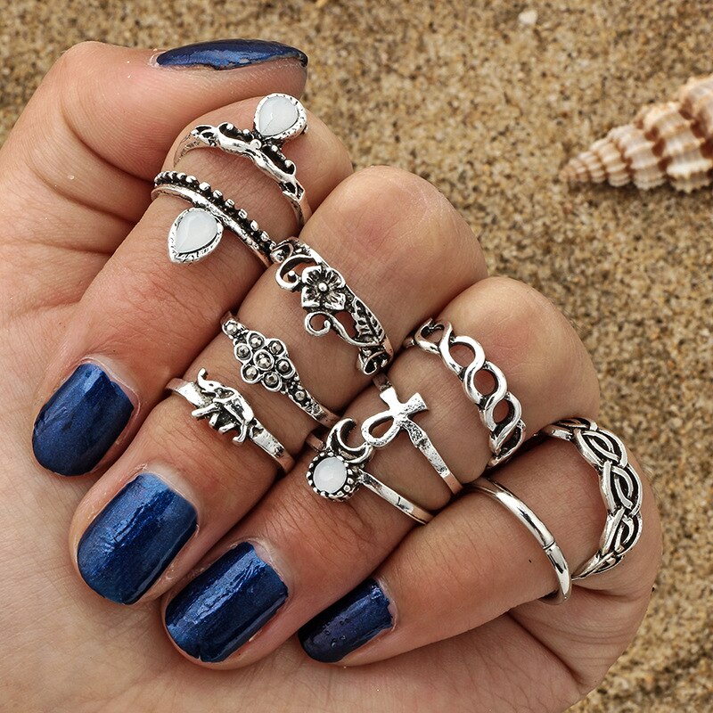 10pc/set Unique Boho Beach Carved Punk Elephant Moon Finger Midi Ring Set Party Jewelry Gift for Women Girl Knuckle