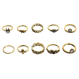 10pc/set Unique Boho Beach Carved Punk Elephant Moon Finger Midi Ring Set Party Jewelry Gift for Women Girl Knuckle