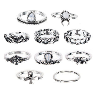 10pc/set Unique Boho Beach Carved Punk Elephant Moon Finger Midi Ring Set Party Jewelry Gift for Women Girl Knuckle