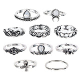 10pc/set Unique Boho Beach Carved Punk Elephant Moon Finger Midi Ring Set Party Jewelry Gift for Women Girl Knuckle