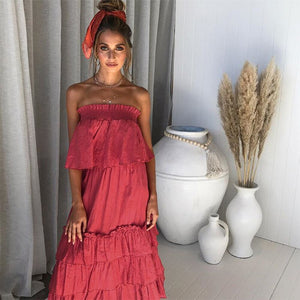 Women Boho Summer Sexy Ruffles Maxi Dress Frill Top Beach Dress Fashion Wine Red Color Clothes Vestidos Party Dress