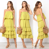 Women Boho Summer Sexy Ruffles Maxi Dress Frill Top Beach Dress Fashion Wine Red Color Clothes Vestidos Party Dress