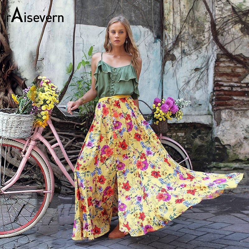 Raisevern Women Summer Boho Maxi Dress Two Piece Set Bohemian Ruffle Tee Shirts Skirts Floral Print 2 Piece Suits Dropship