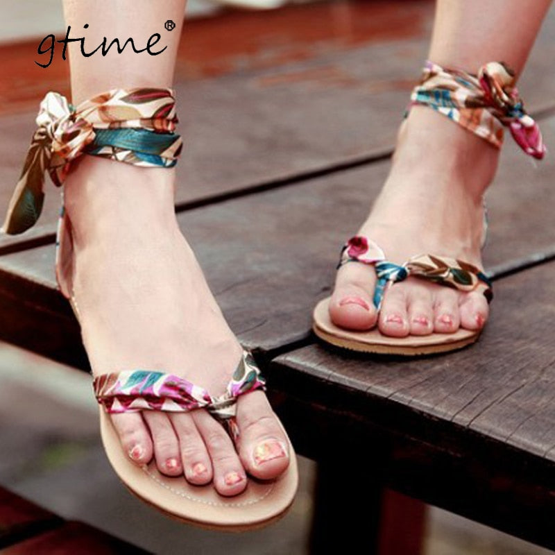 GTIME Boho T Strap Colorful Beach Flat Sandals Shoes Women Summer Sandals Ribbon Sweet Shoes Plus size SXJJ184