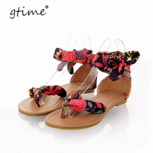 GTIME Boho T Strap Colorful Beach Flat Sandals Shoes Women Summer Sandals Ribbon Sweet Shoes Plus size SXJJ184