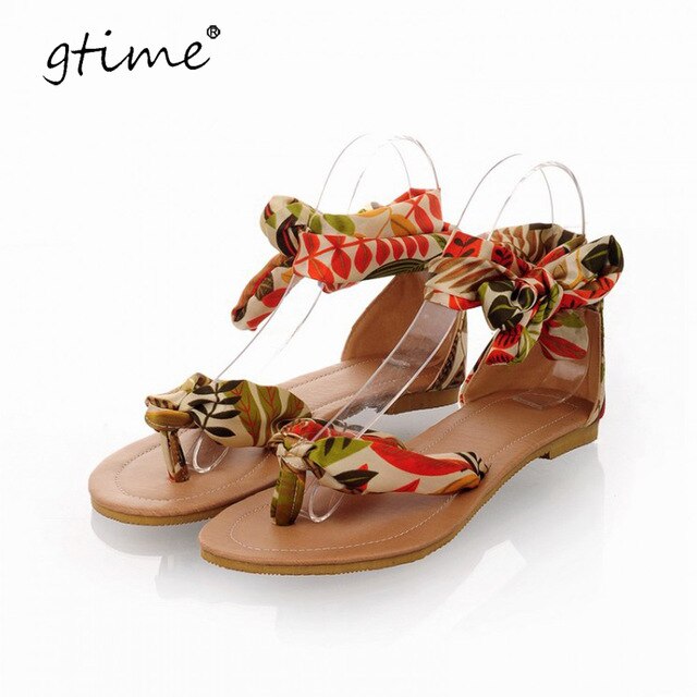 GTIME Boho T Strap Colorful Beach Flat Sandals Shoes Women Summer Sandals Ribbon Sweet Shoes Plus size SXJJ184