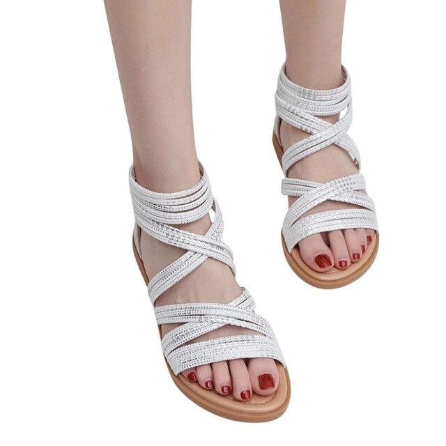 Women Summer Boho Beach Flat Sandals Casual Cross Tie Sandals Shoes Ayakkabi Zapatos De Mujer