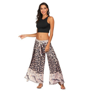 New Girl Floral Print Wide Leg Pant High Split Women Long Casual Pant Summer Boho Beach Elastic High Waist Trouser 2019 Dropship