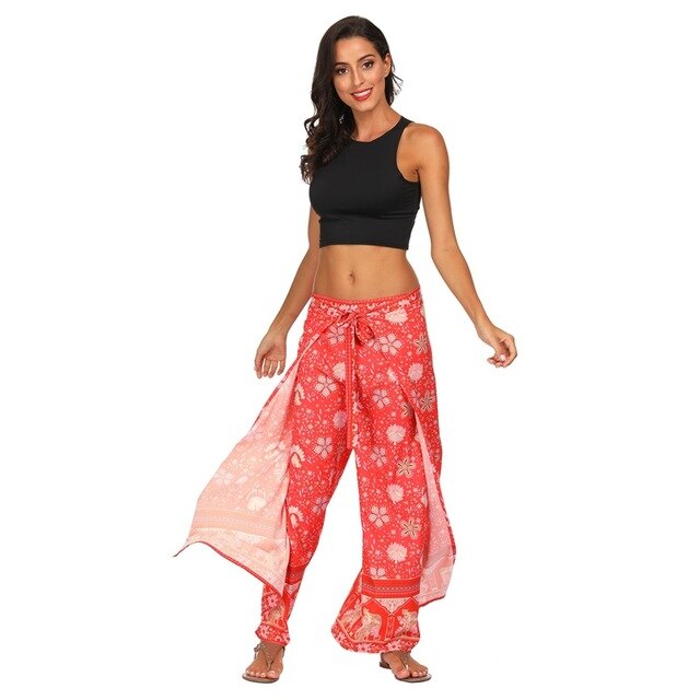 New Girl Floral Print Wide Leg Pant High Split Women Long Casual Pant Summer Boho Beach Elastic High Waist Trouser 2019 Dropship