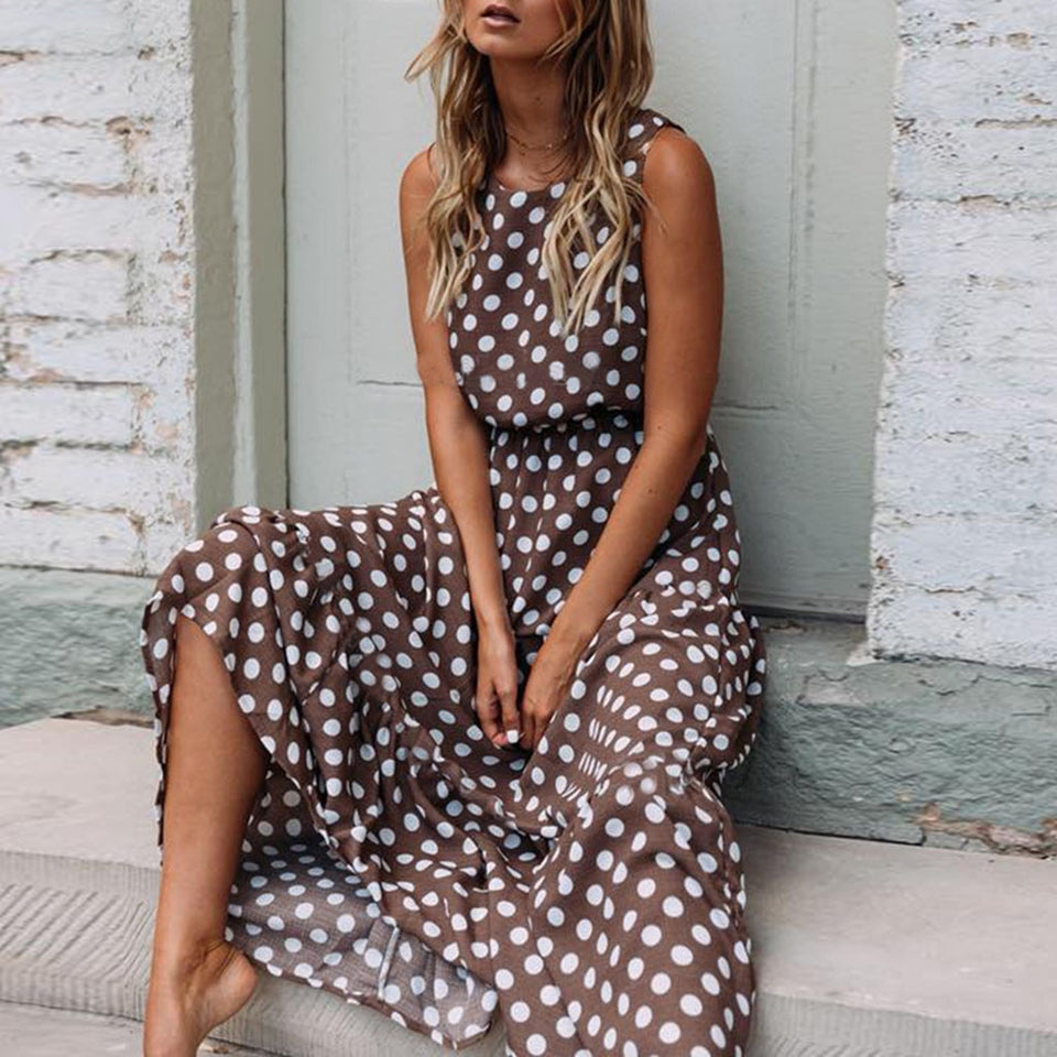 High Recommend Women Lady Girl Sexy Dot Printing Sleeveless O Neck Long Dress vestido sundress robe femme Gift