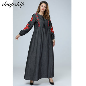 Dropship Dress Women Dresses Summer Long Maxi Plus Size Vestidos Vintage Verano 2019 Robe Femme Embroidery Cowboy Muslim O-neck