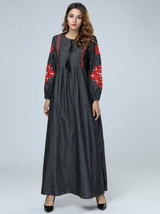 Dropship Dress Women Dresses Summer Long Maxi Plus Size Vestidos Vintage Verano 2019 Robe Femme Embroidery Cowboy Muslim O-neck