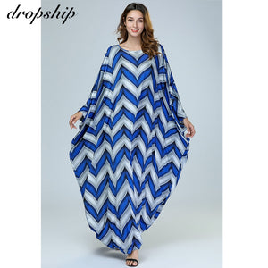 DroDropship Dress Women Dresses Maxi Long Plus Size Vintage Vestidos Verano 2019 Robe Femme Muslim Batwing Sleeve Wave-pattern