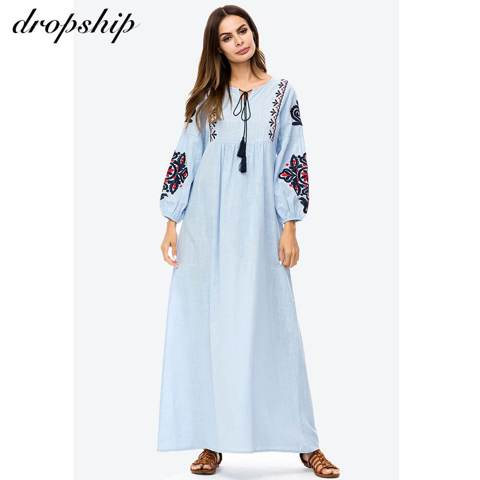 Dropship Dress Women Dresses Maxi Long Plus Size Vintage Vestidos Verano 2019 Robe Femme Muslim Embroidery Lantern Sleeve O-neck