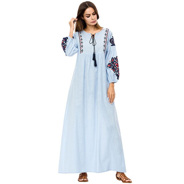 Dropship Dress Women Dresses Maxi Long Plus Size Vintage Vestidos Verano 2019 Robe Femme Muslim Embroidery Lantern Sleeve O-neck