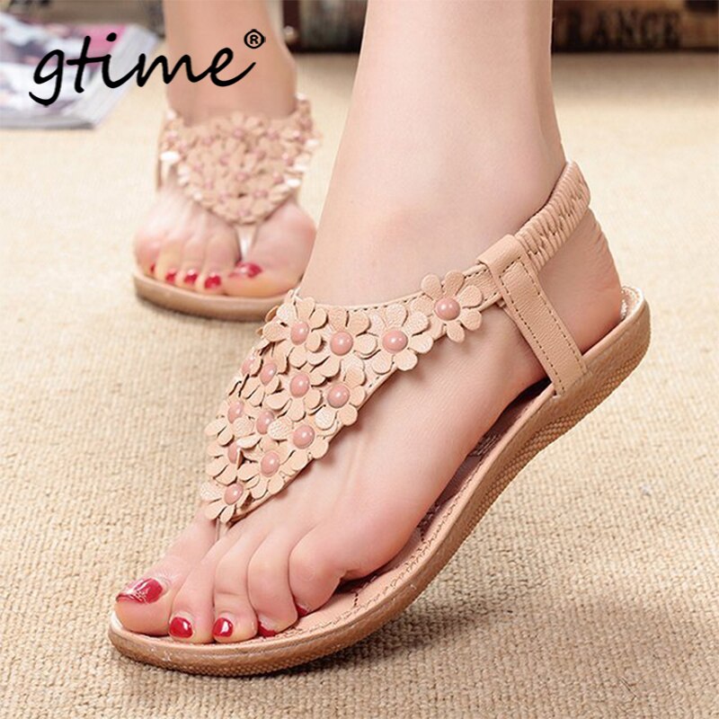 Gtime Summer Bohemian Women Sandals Pinch Summer New Beaded Toe Flower Flat Sandals SCYR018