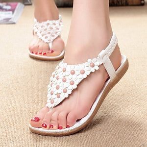 Gtime Summer Bohemian Women Sandals Pinch Summer New Beaded Toe Flower Flat Sandals SCYR018