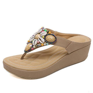 Women Flip Flops Beach Bohemian Beaded Slope Ethnic Style plus Shoes Woman Sandals Heel Height